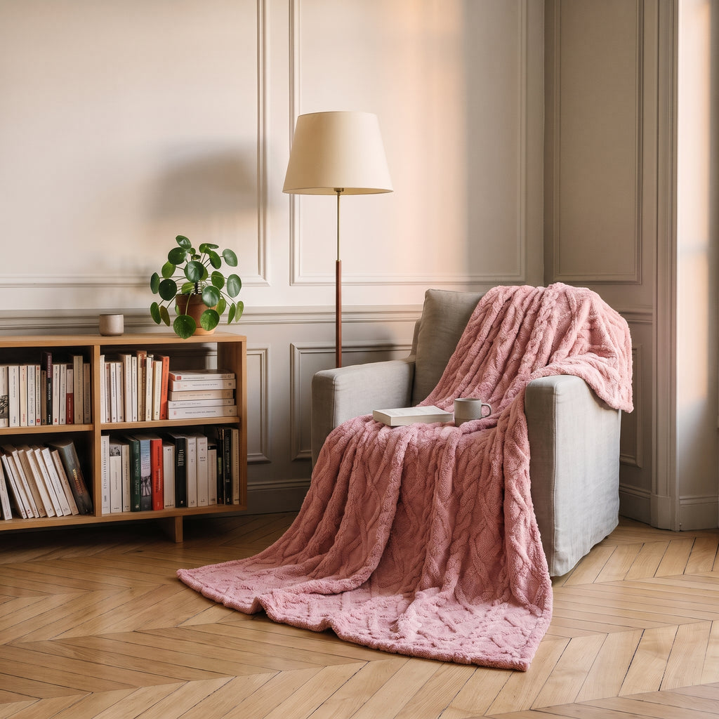 Plaid polaire à motifs nervurés en situation, marron fonce