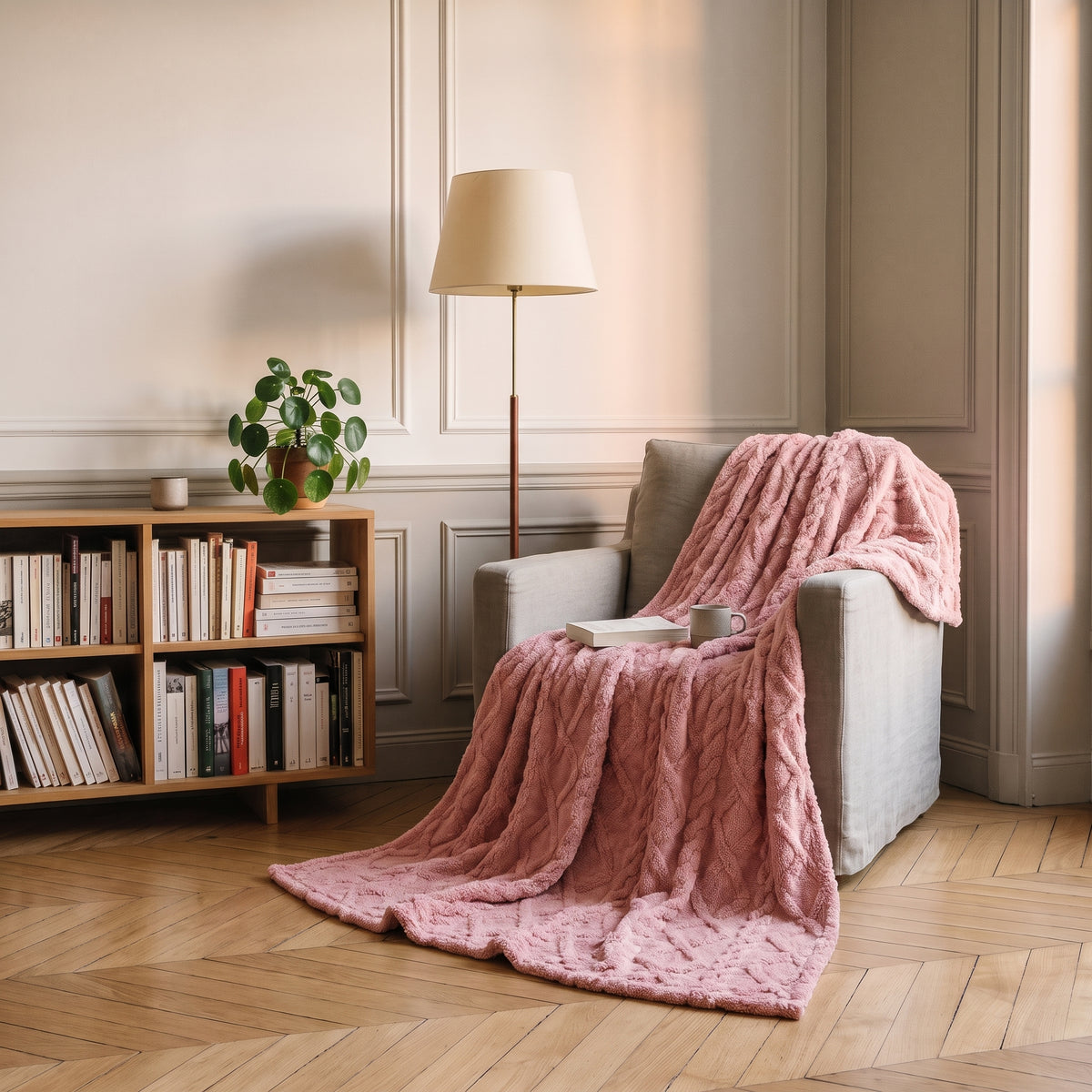 Plaid polaire à motifs nervurés en situation, marron fonce