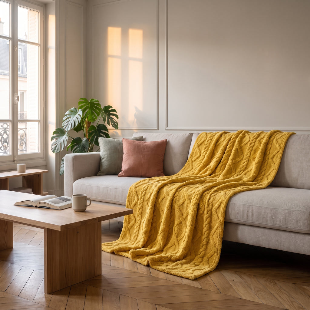 Plaid polaire à motifs nervurés en situation, vert