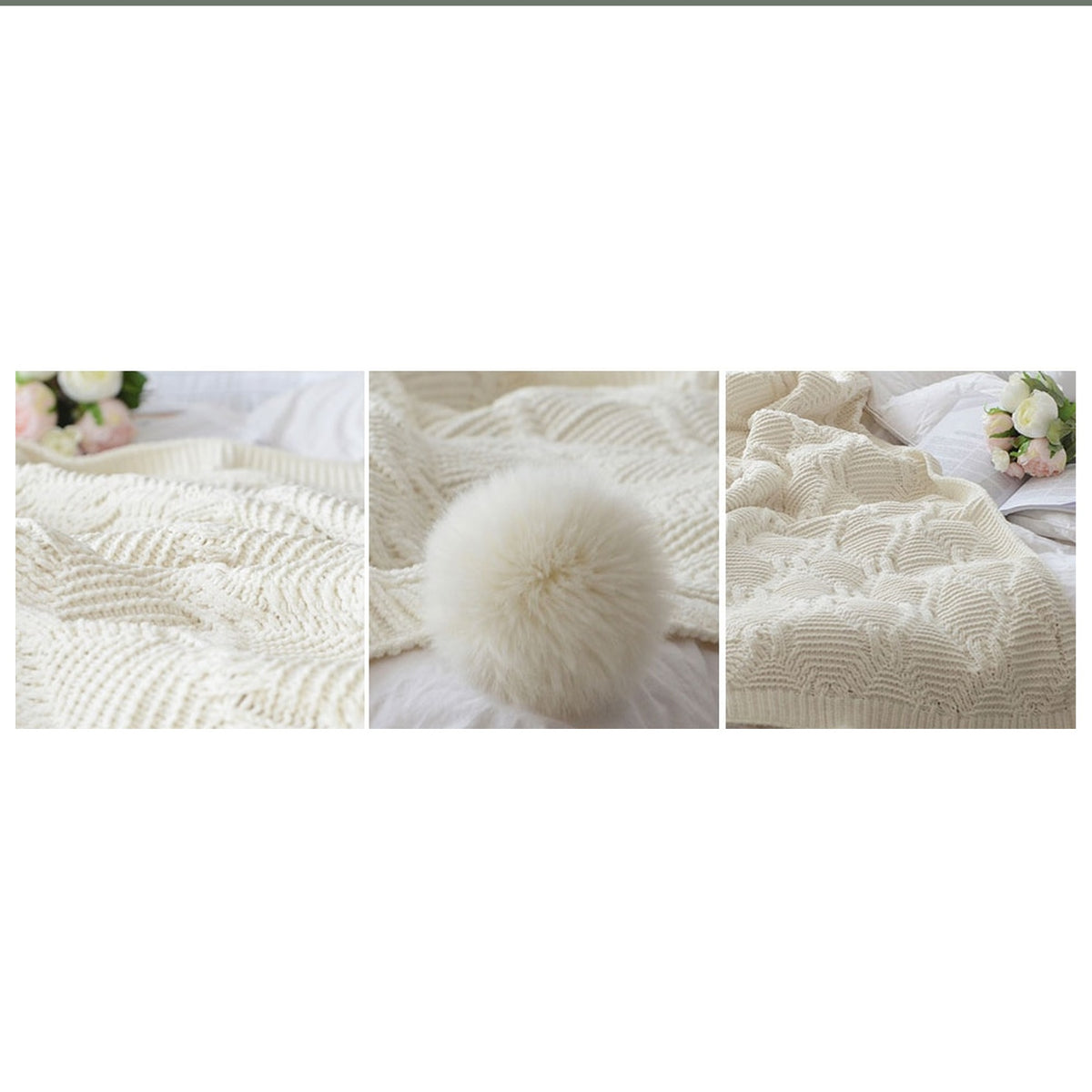 Gros plans sur la maille et les pompons du plaid beige