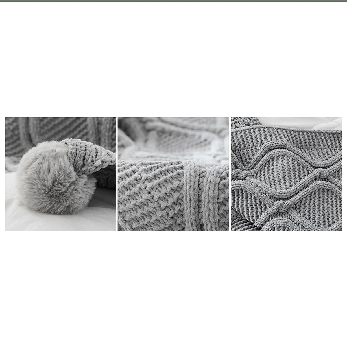 Détails de la maille en losanges et des pompons du plaid gris