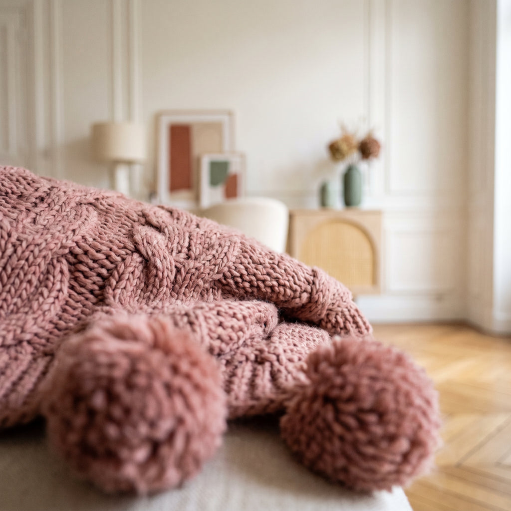 Gros plan sur le tricot en relief du plaid rose poudre et deux de ses pompons