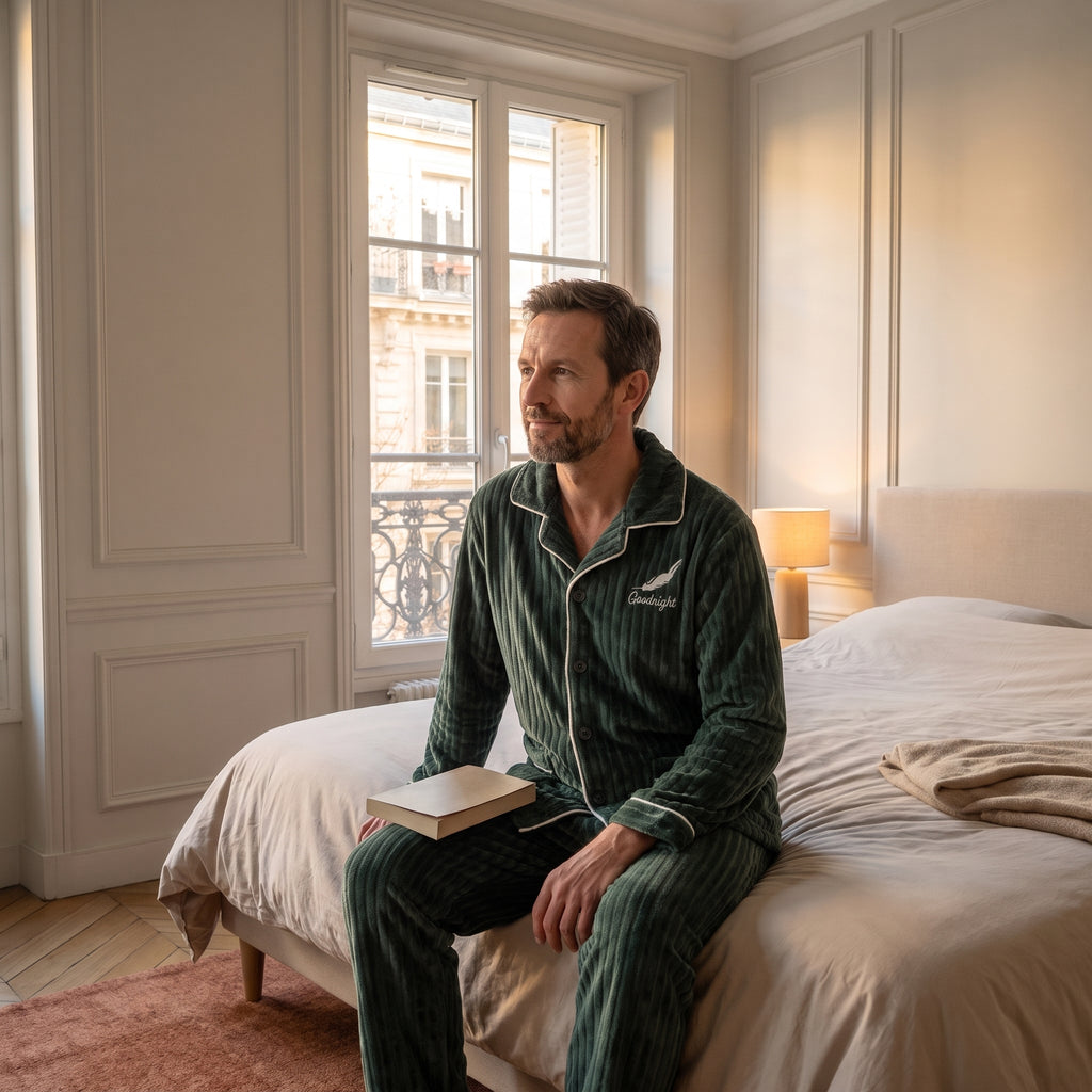 Homme assis au bord du lit en pyjama peluche vert sapin, un livre refermé sur les genoux
