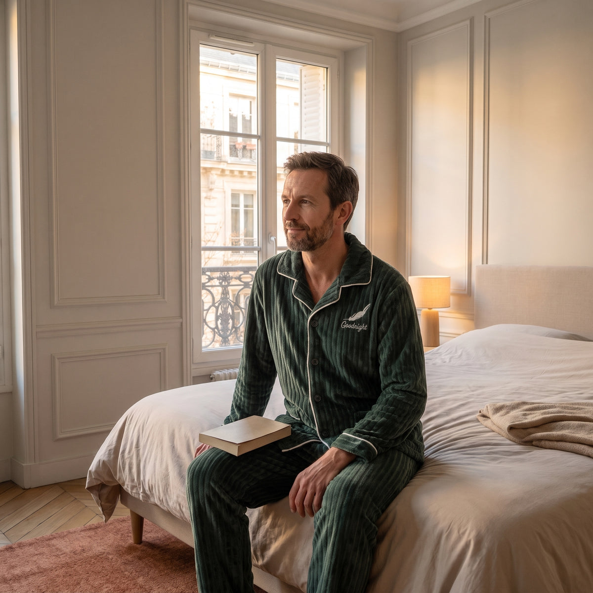 Homme assis au bord du lit en pyjama peluche vert sapin, un livre refermé sur les genoux