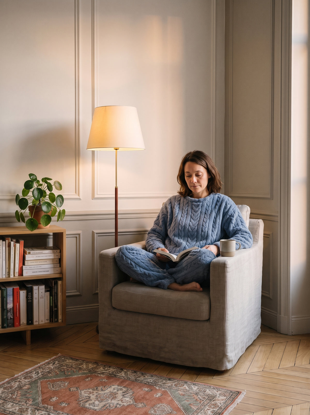 Femme en pyjama de velours polaire bleu ciel, assise jambes repliees dans un fauteuil de lecture