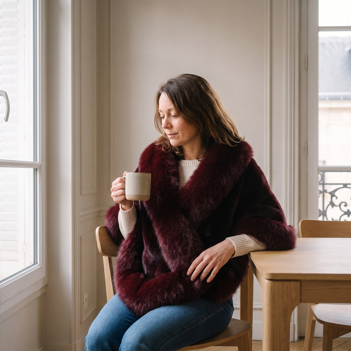 Femme châtain portant le poncho rouge foncé à table avec une tasse en grès