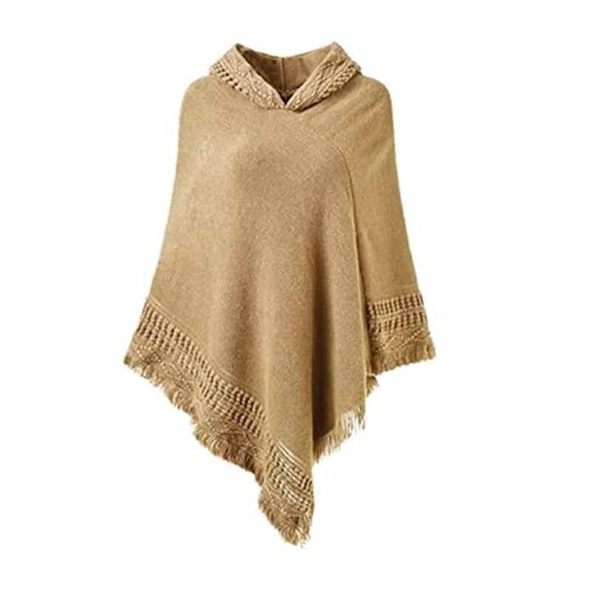 Poncho femme à capuche et franges, coloris Beige
