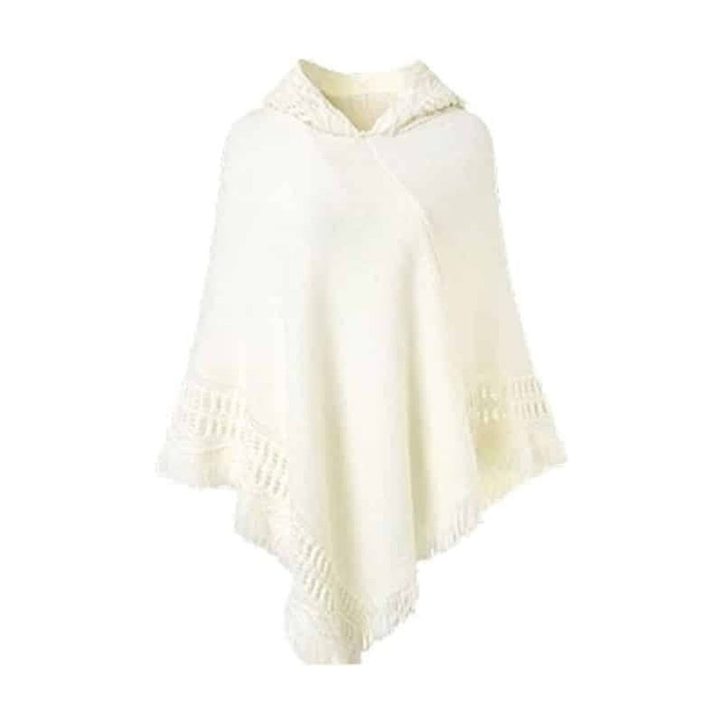 Poncho femme à capuche et franges, coloris Blanc