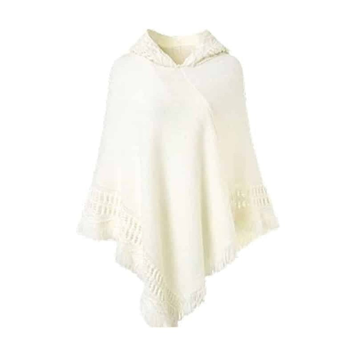 Poncho femme à capuche et franges, coloris Blanc