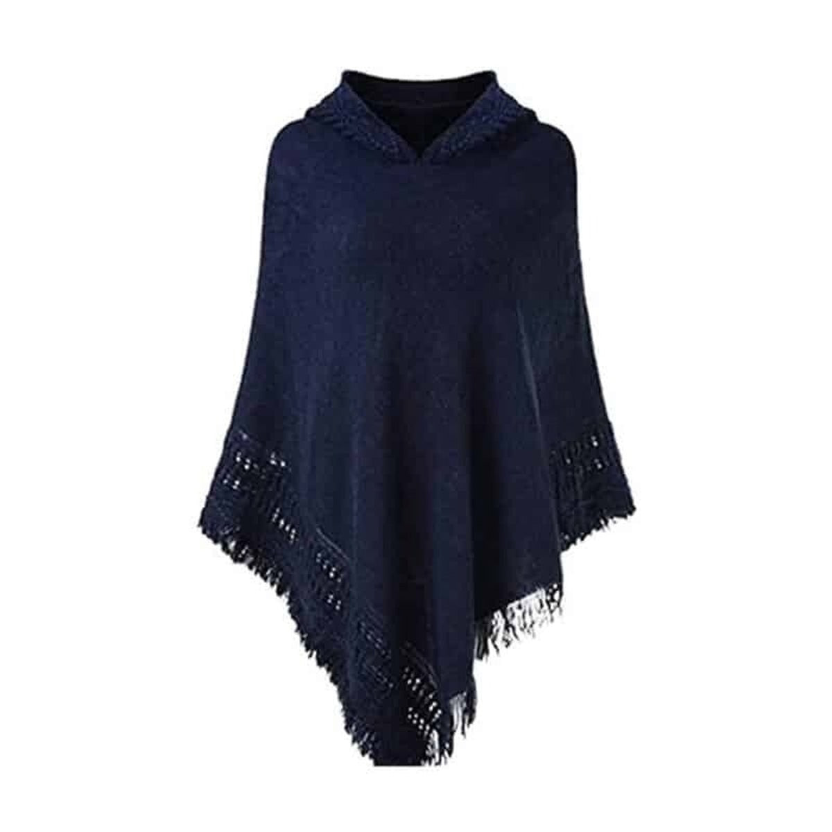Poncho femme à capuche et franges, coloris Bleu marine