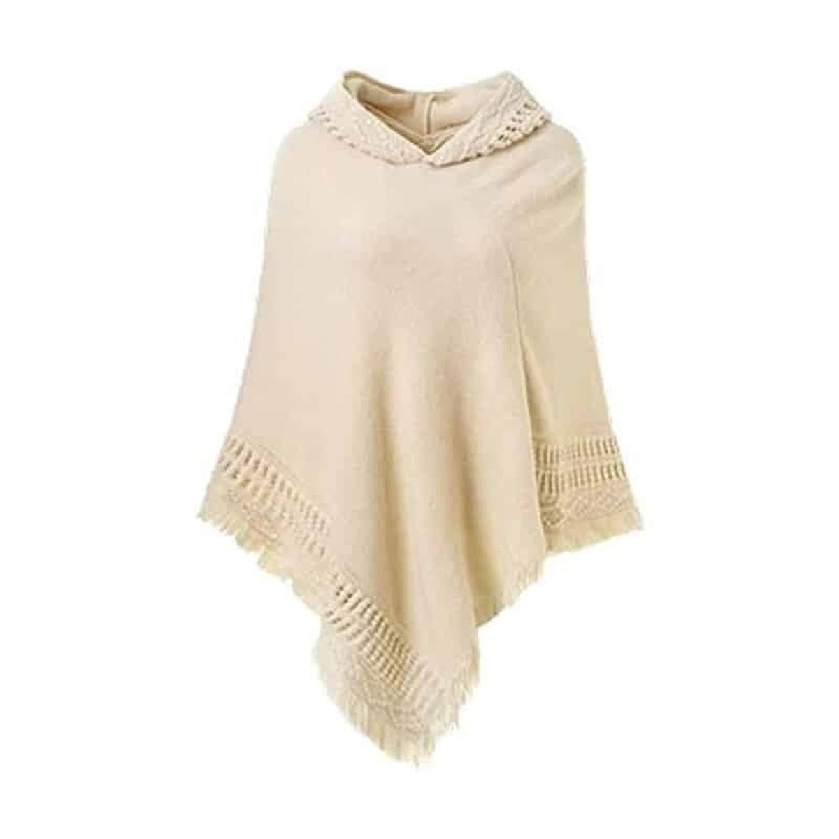 Poncho femme à capuche et franges, coloris Ecru