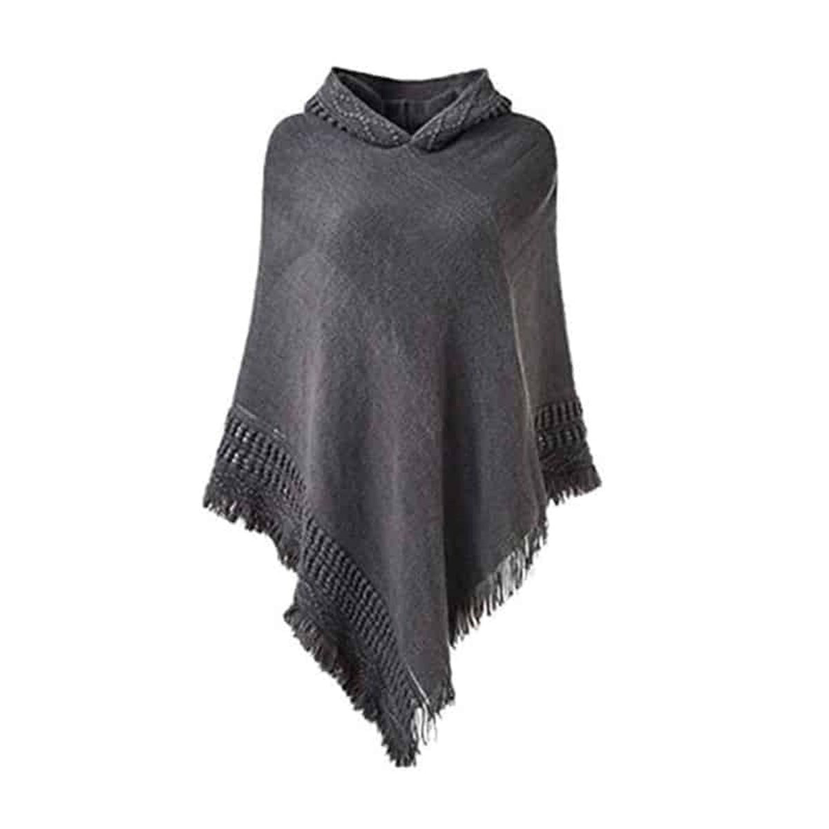 Poncho femme à capuche et franges, coloris Gris