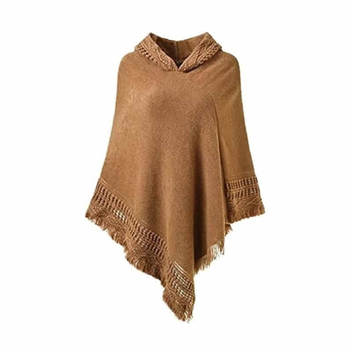 Poncho femme à capuche et franges, coloris Marron clair