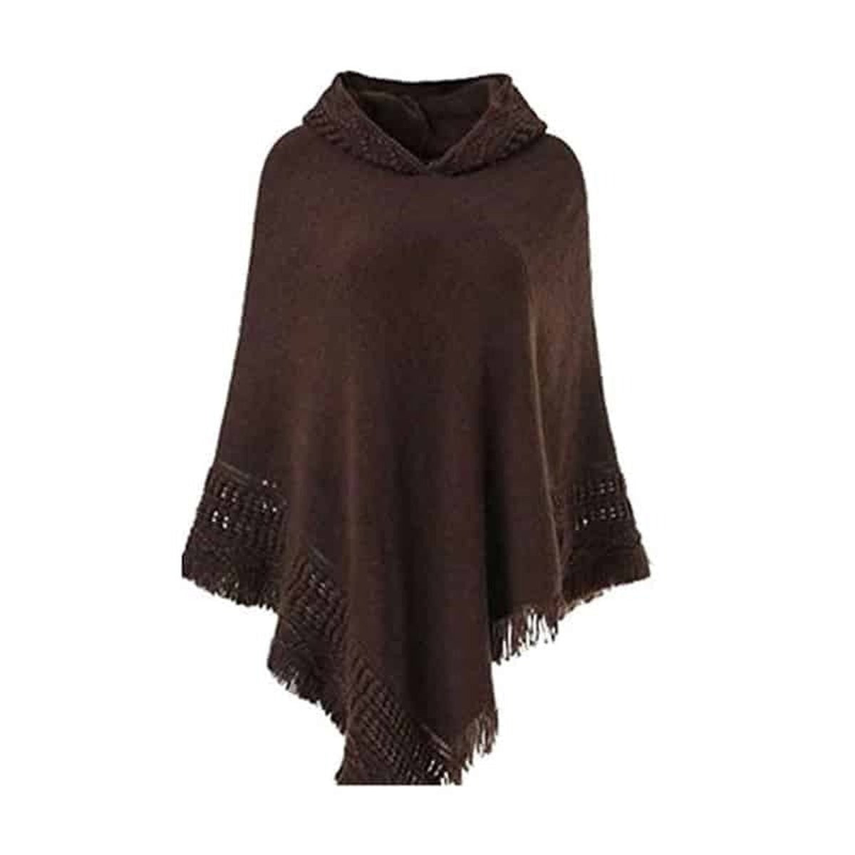 Poncho femme à capuche et franges, coloris Marron foncé
