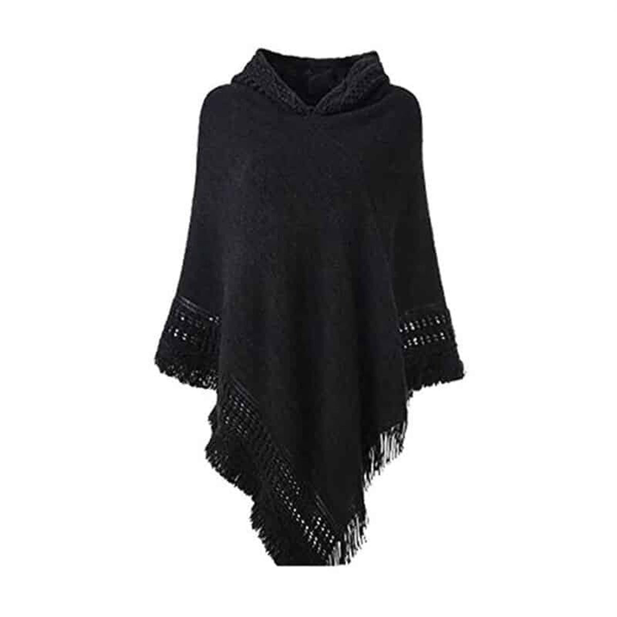 Poncho femme à capuche et franges, coloris Noir