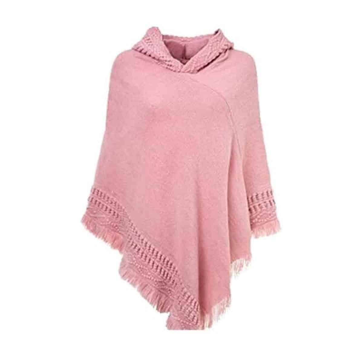 Poncho femme à capuche et franges, coloris Rose