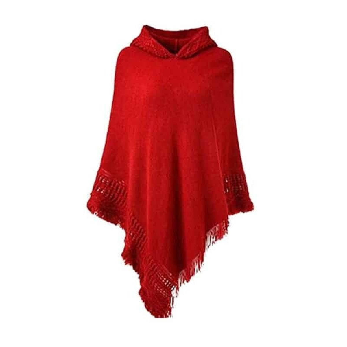 Poncho femme à capuche et franges, coloris Rouge