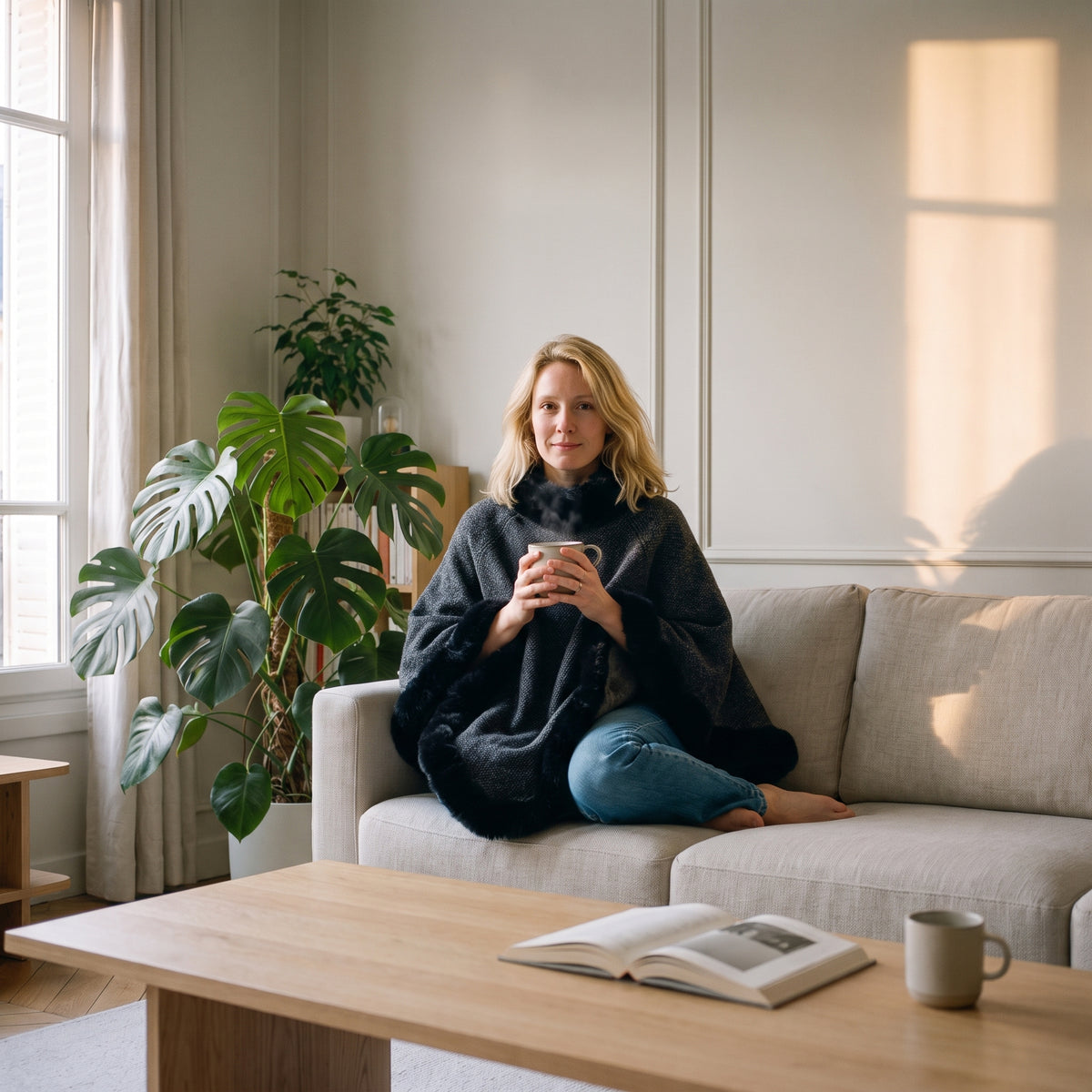 Poncho femme épais gris foncé porté, une femme assise sur un canapé de salon avec une tasse chaude Image