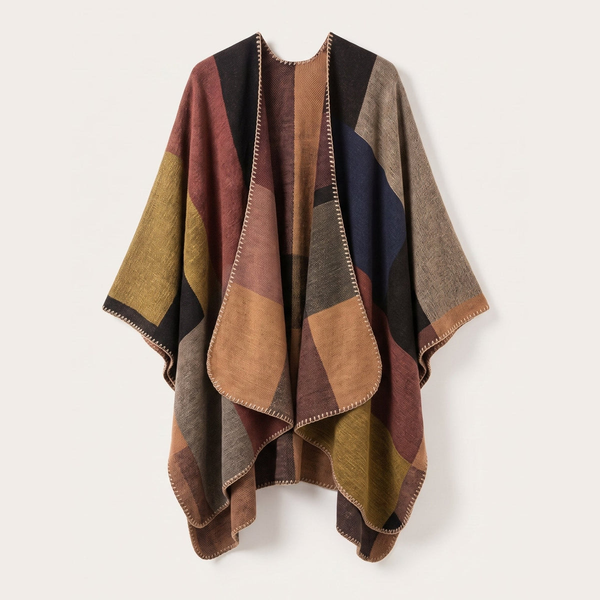Poncho à blocs camel et brique vu de face, sur fond uni