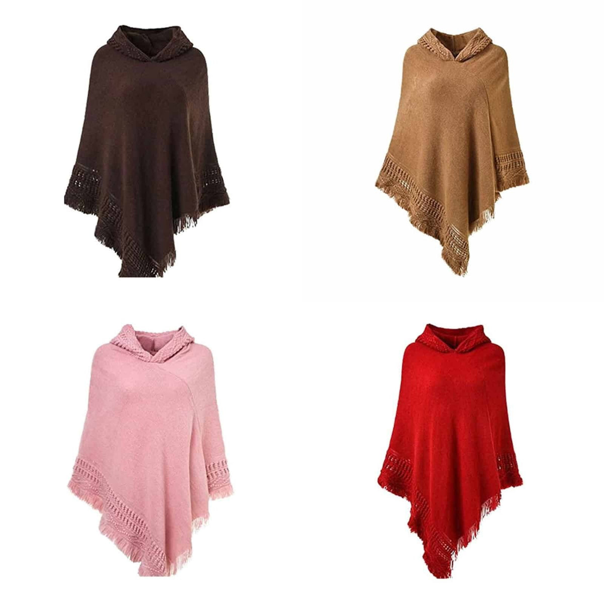Poncho à capuche et franges dans les coloris Marron foncé, Marron clair, Rose, Rouge