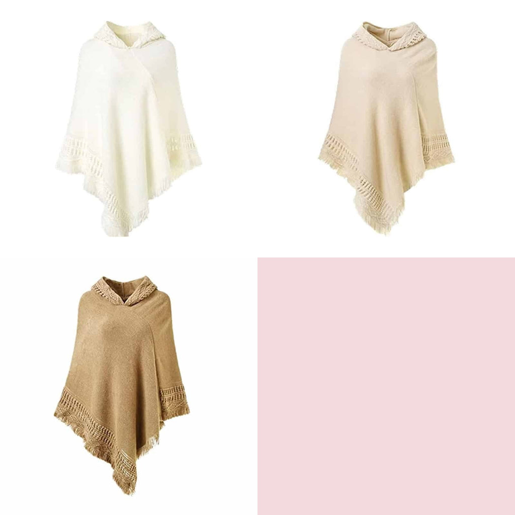 Poncho à capuche et franges dans les coloris Blanc, Ecru, Beige