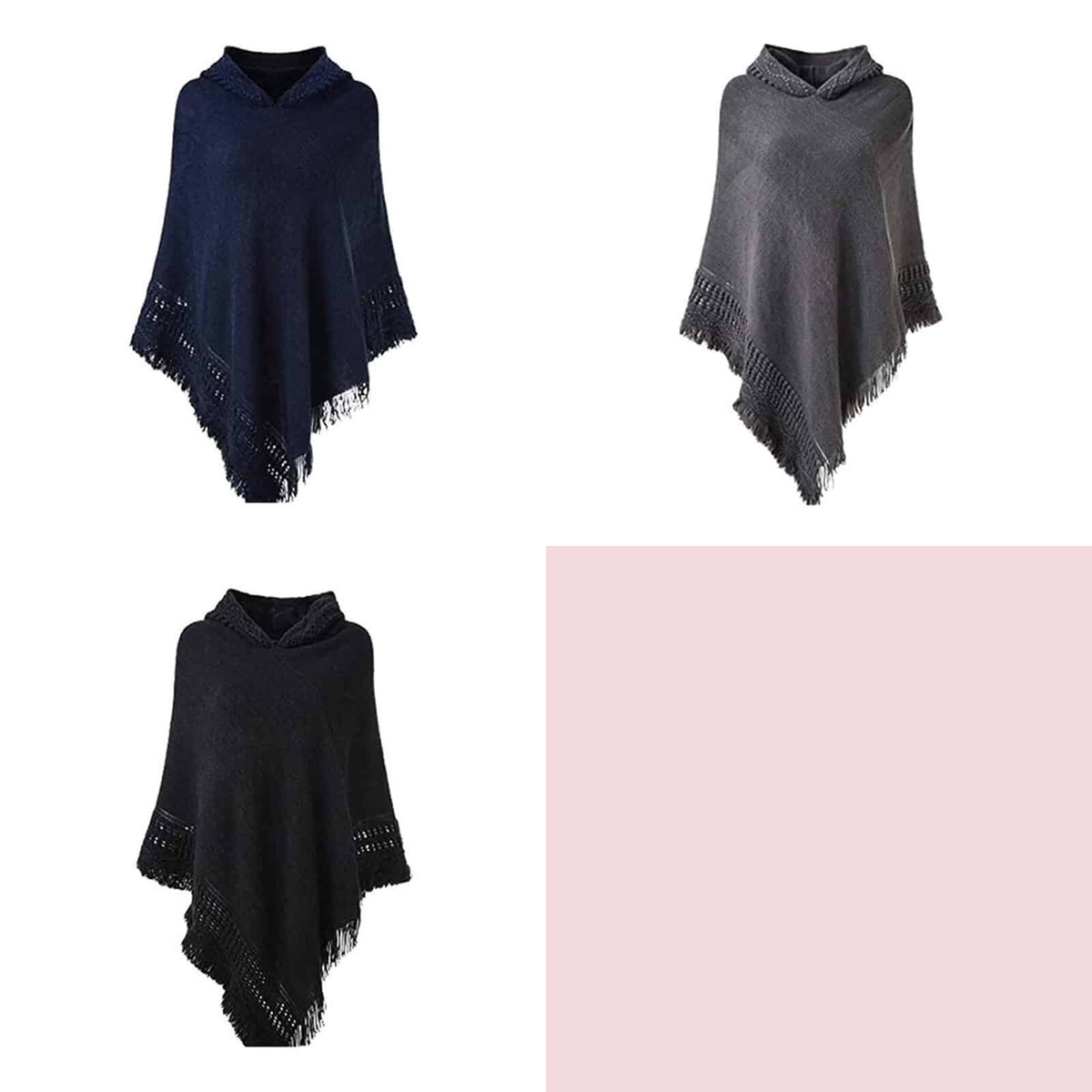 Poncho à capuche et franges dans les coloris Bleu marine, Gris, Noir