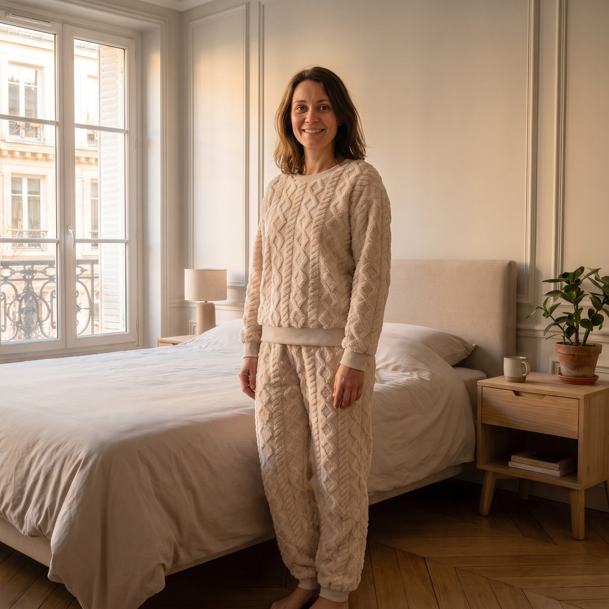 Femme portant l'ensemble pyjama beige en coton effet tricot, debout dans sa chambre