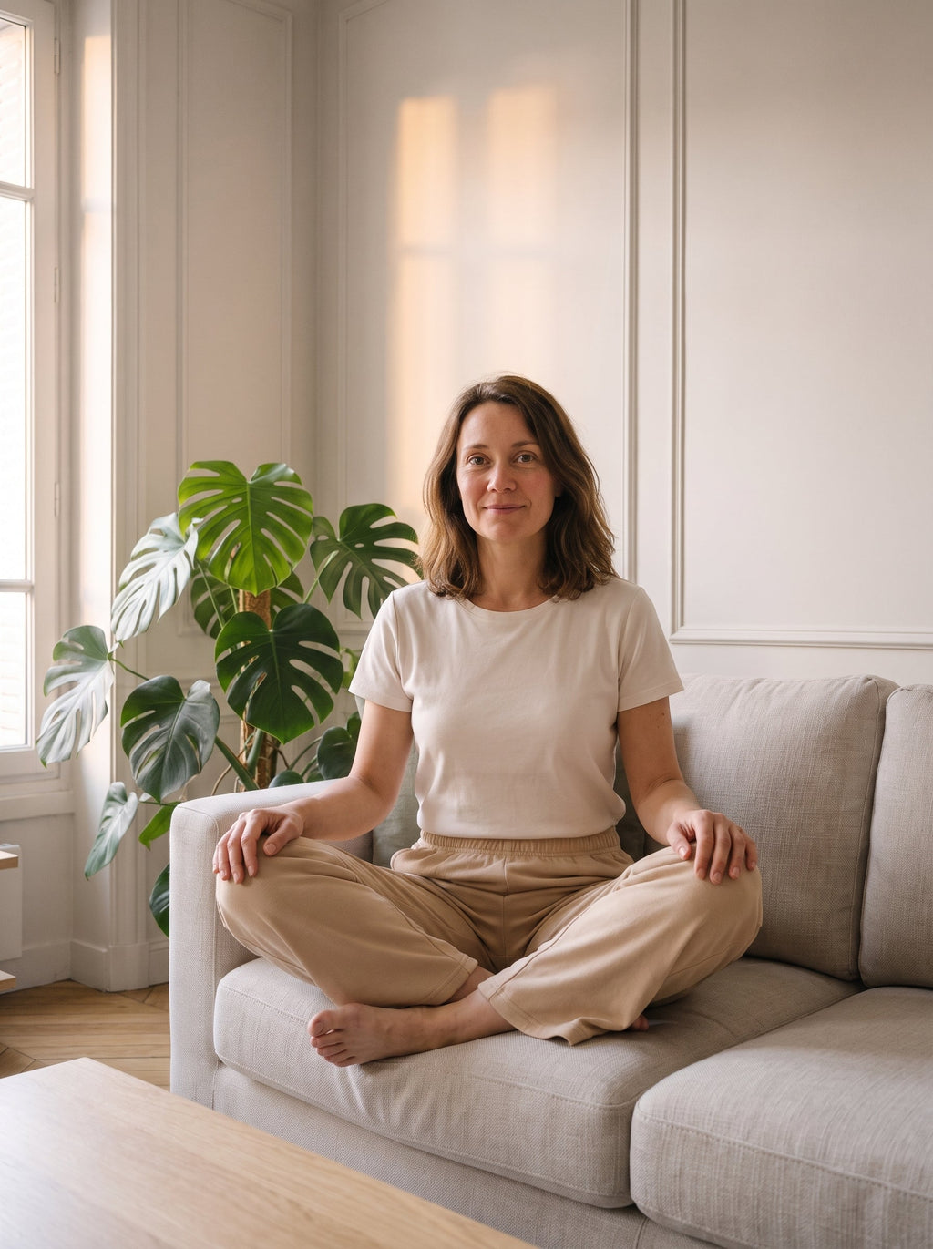 Femme assise en tailleur sur le canape, portant le bas de pyjama beige nude, les pieds nus sur l assise.