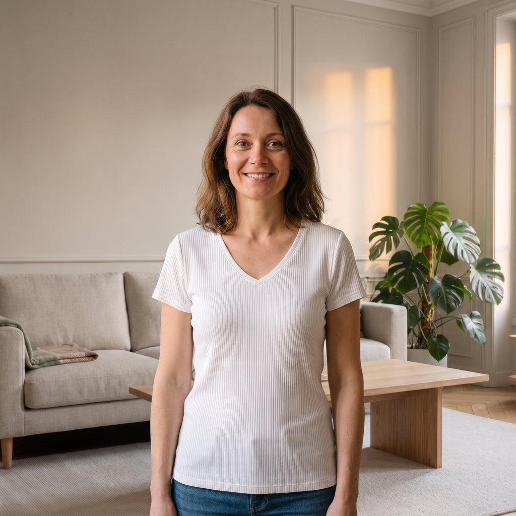 Femme portant le t-shirt côtelé col V blanc dans un salon