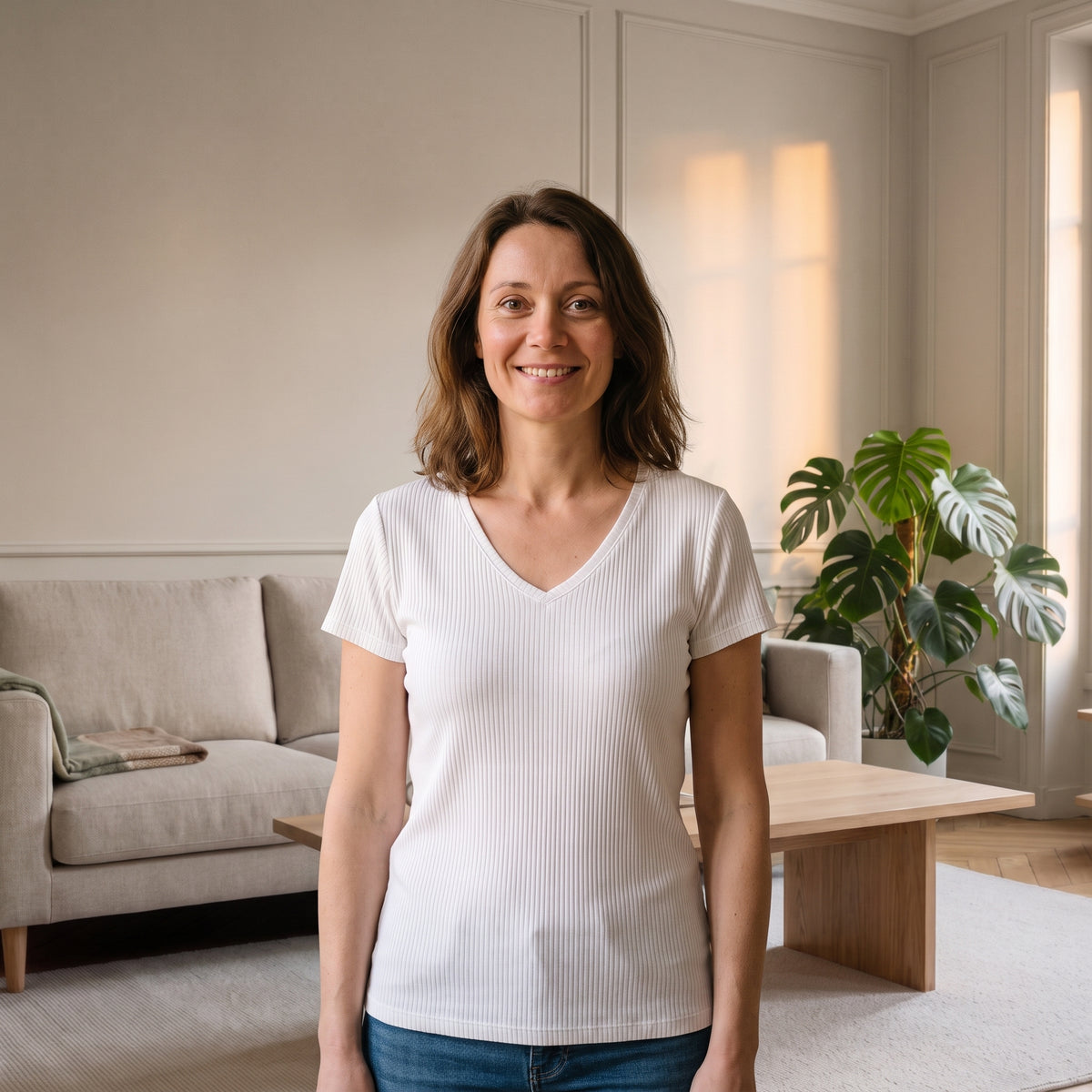 Femme portant le t-shirt côtelé col V blanc dans un salon