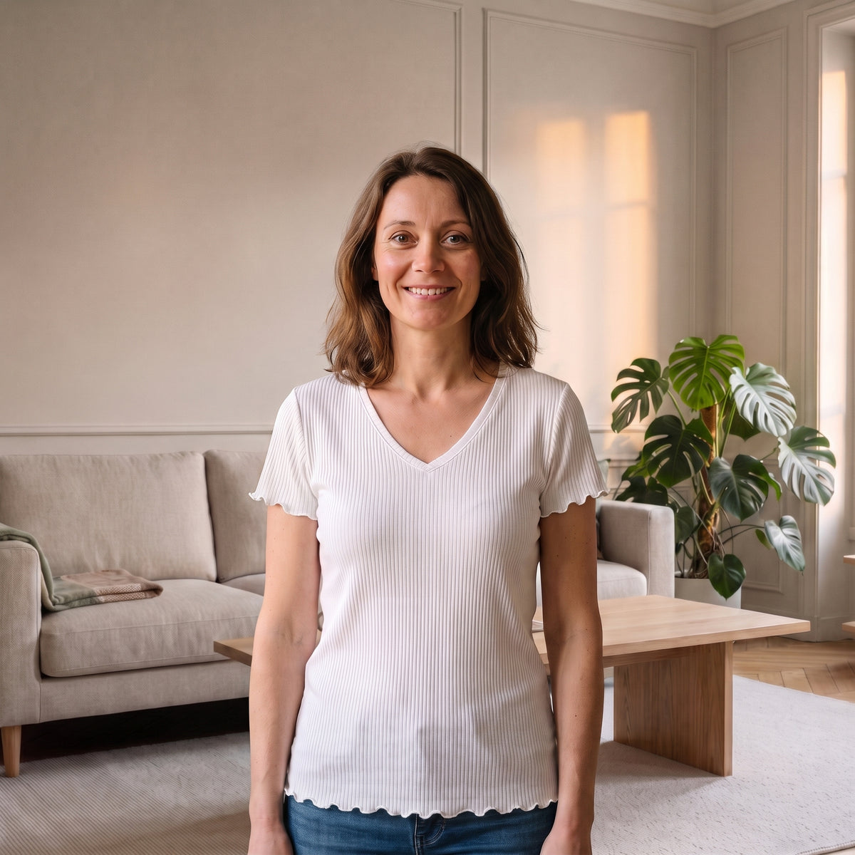 Femme portant le t-shirt côtelé col V blanc dans un salon, liseré ondulé aux manches et au bas