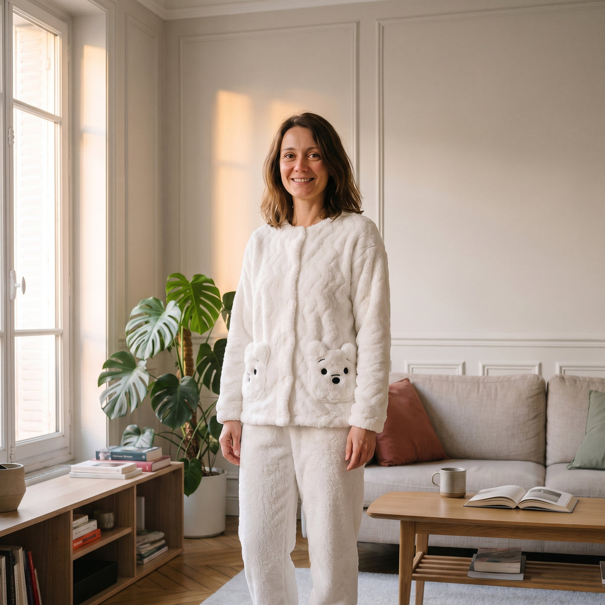Femme en pyjama en peluche ourson blanc, debout dans un salon
