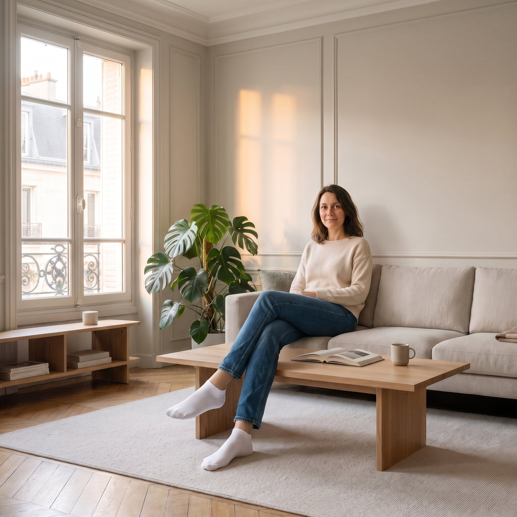 Femme assise portant des chaussettes de sport, dans le salon