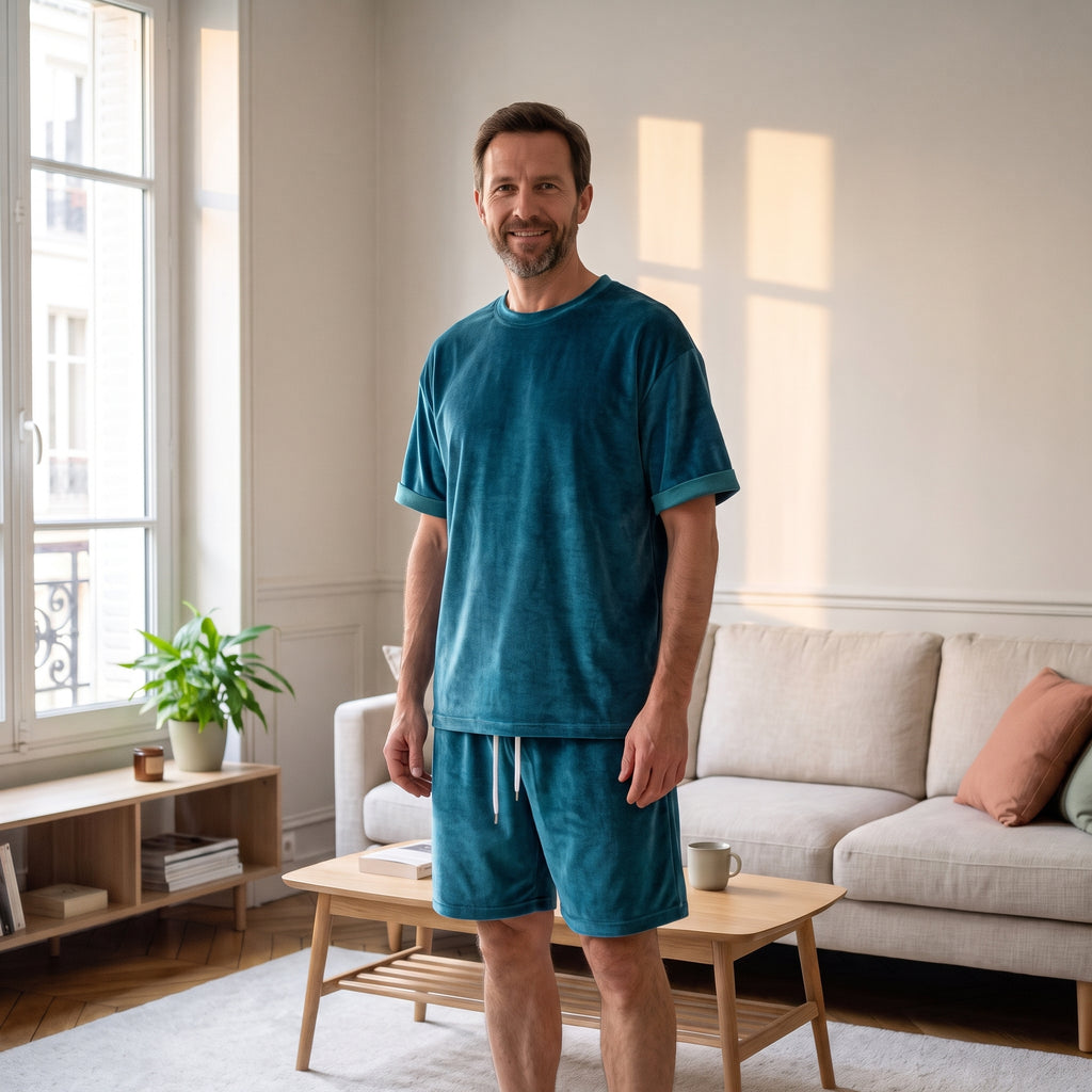 Homme du casting portant l'ensemble en velours bleu canard, t-shirt et short, dans le salon.