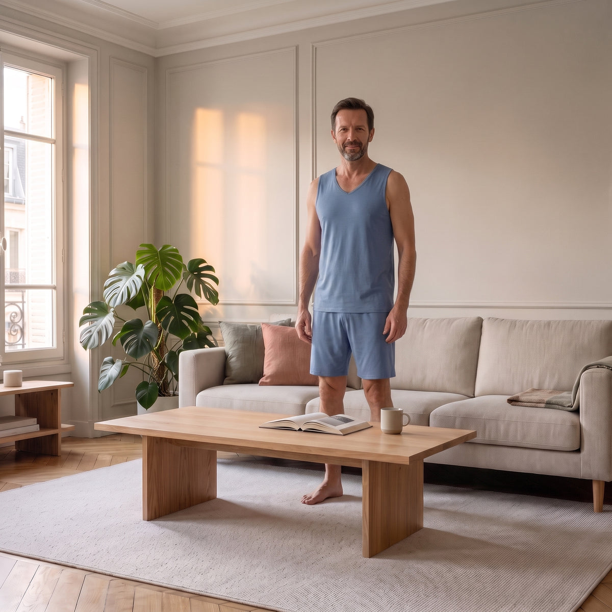 Homme du casting portant le pyjama bleu clair, proportions correctes dans le salon