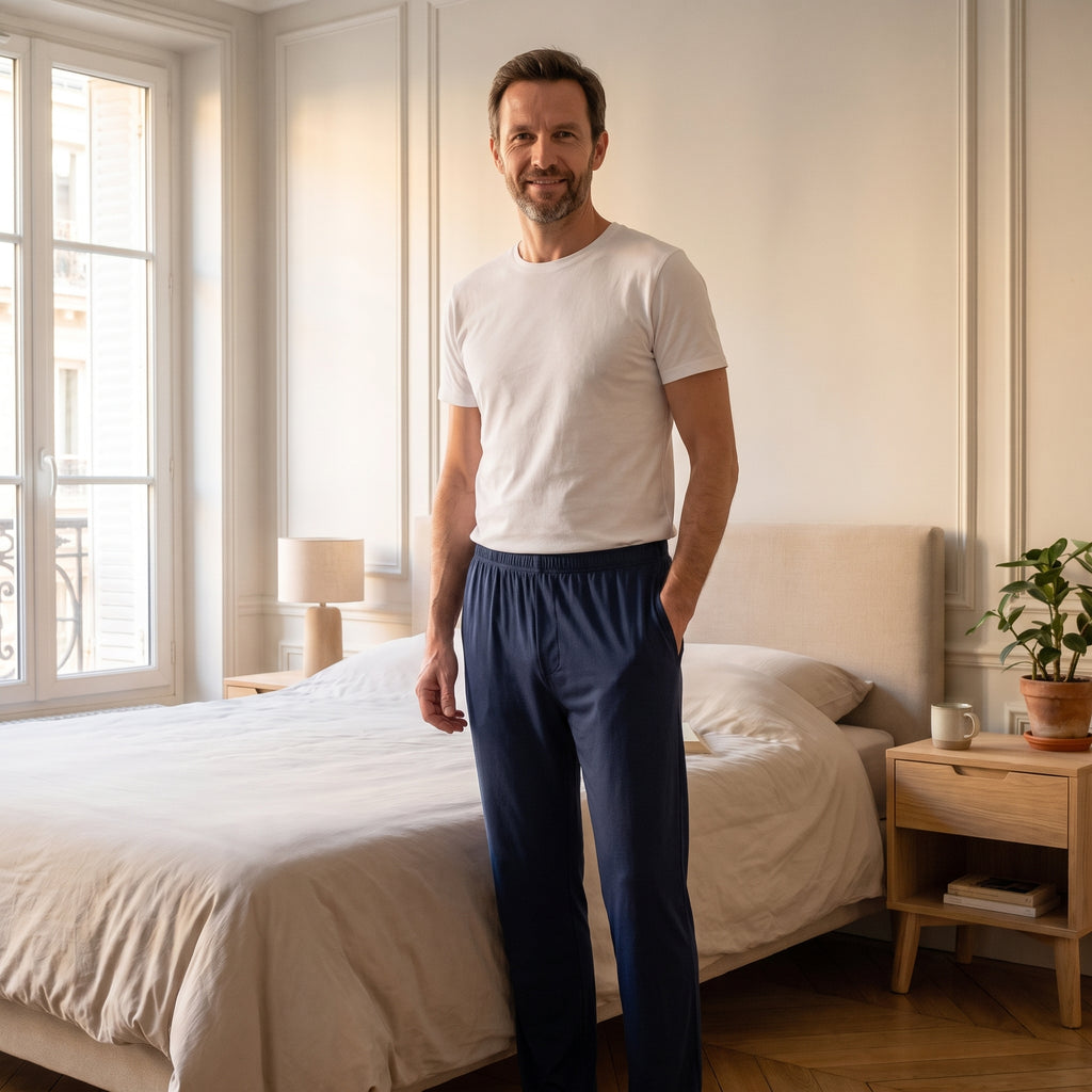 Homme portant le pantalon de pyjama bleu marine en modal, debout dans sa chambre