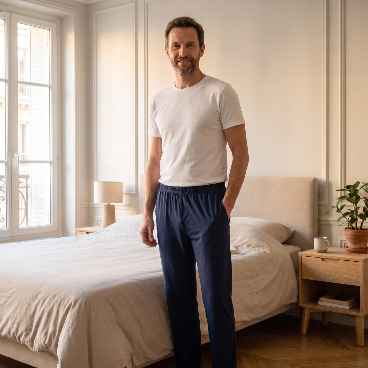 Homme portant le pantalon de pyjama bleu marine en modal, debout dans sa chambre