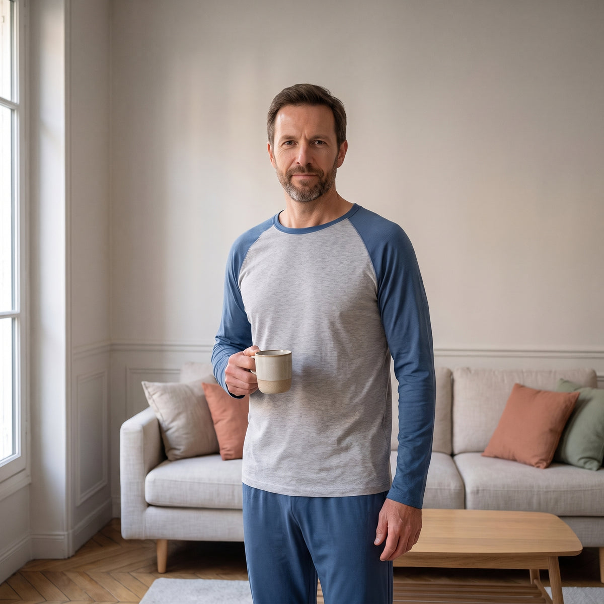 Homme du casting portant le pyjama cocooning bicolore bleu dans le salon