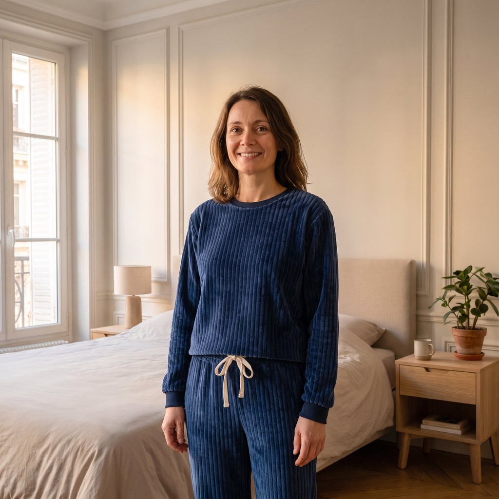 Femme debout dans une chambre, en ensemble de pyjama en peluche côtelée bleu marine, haut et pantalon.