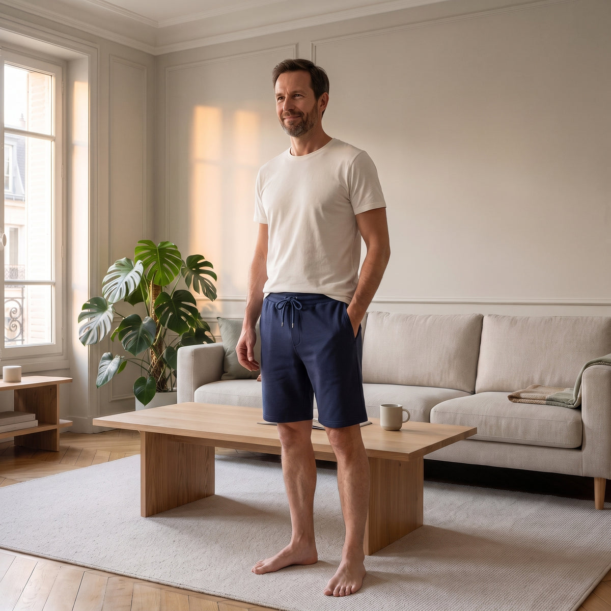 Homme en short bermuda bleu marine dans un salon lumineux