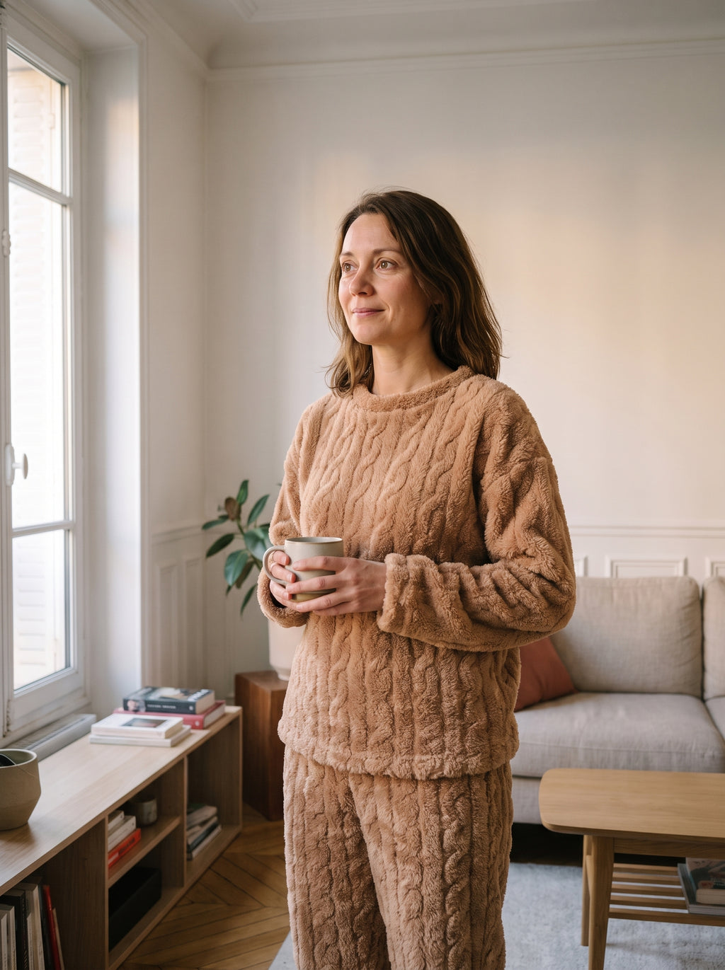 Pyjama femme en velours polaire champagne a torsades, porte de trois quarts, une tasse a la main
