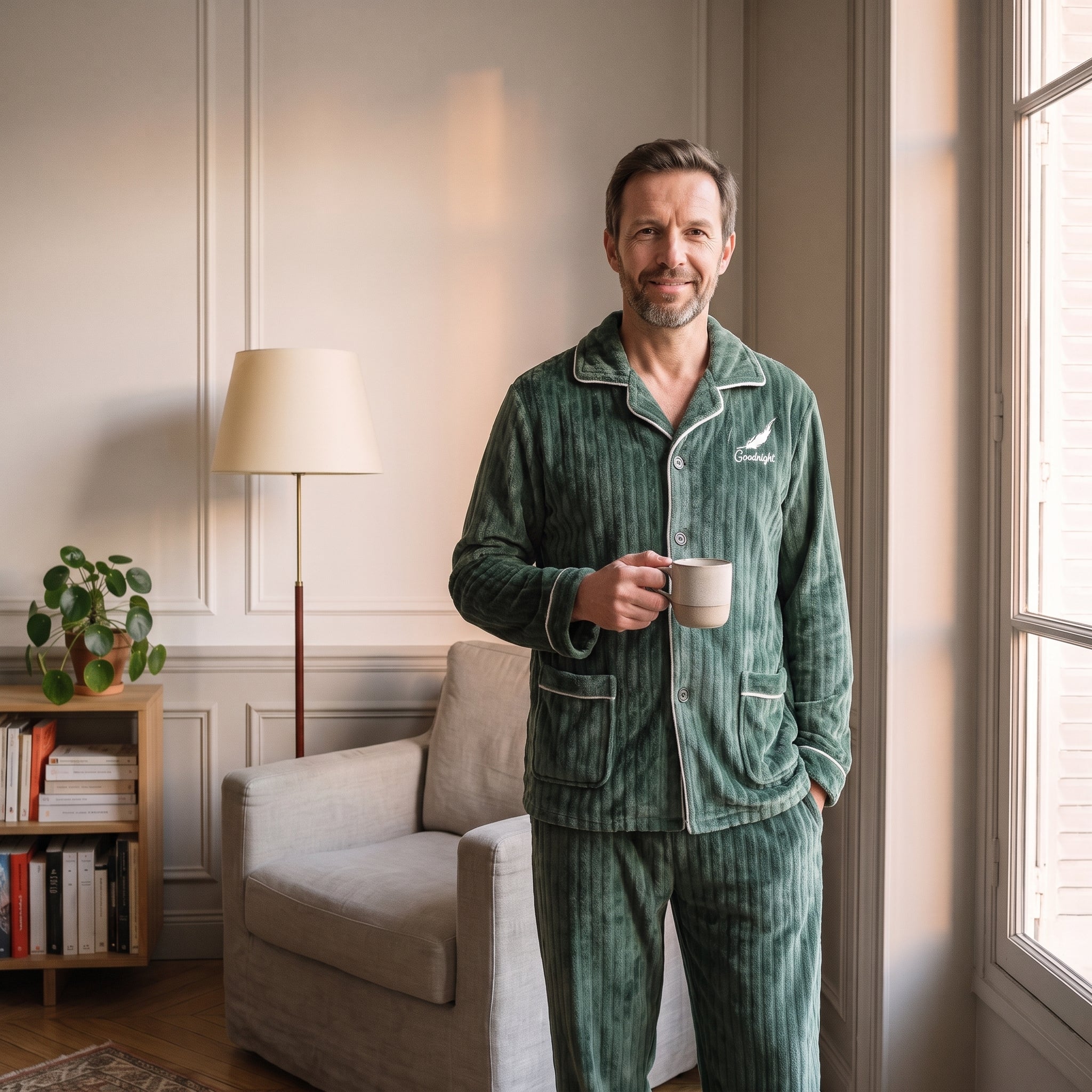 Homme debout près de la fenêtre du coin lecture, en pyjama peluche vert sapin, une tasse à la main Image