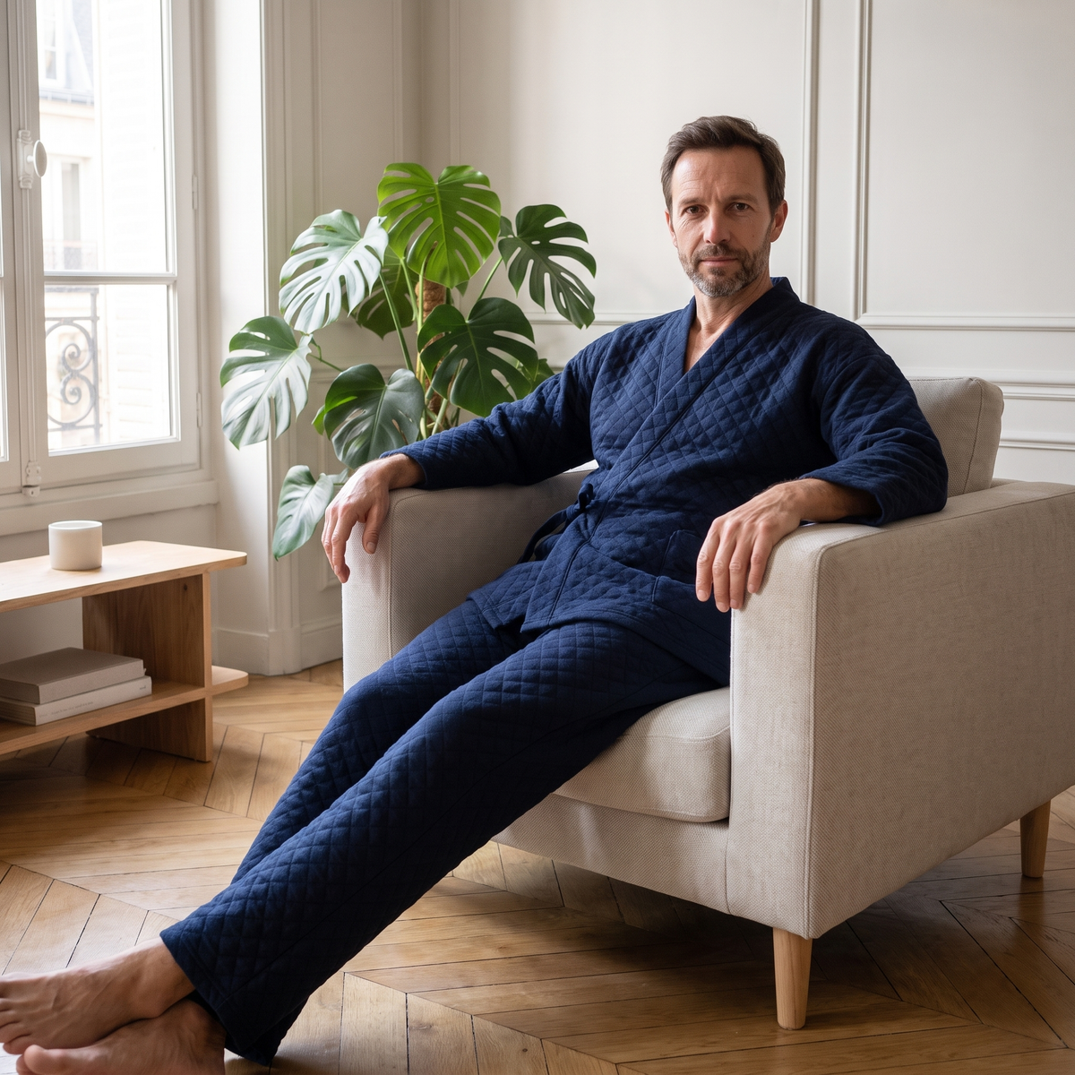 Homme assis portant l’ensemble complet du pyjama kimono bleu marine matelassé.