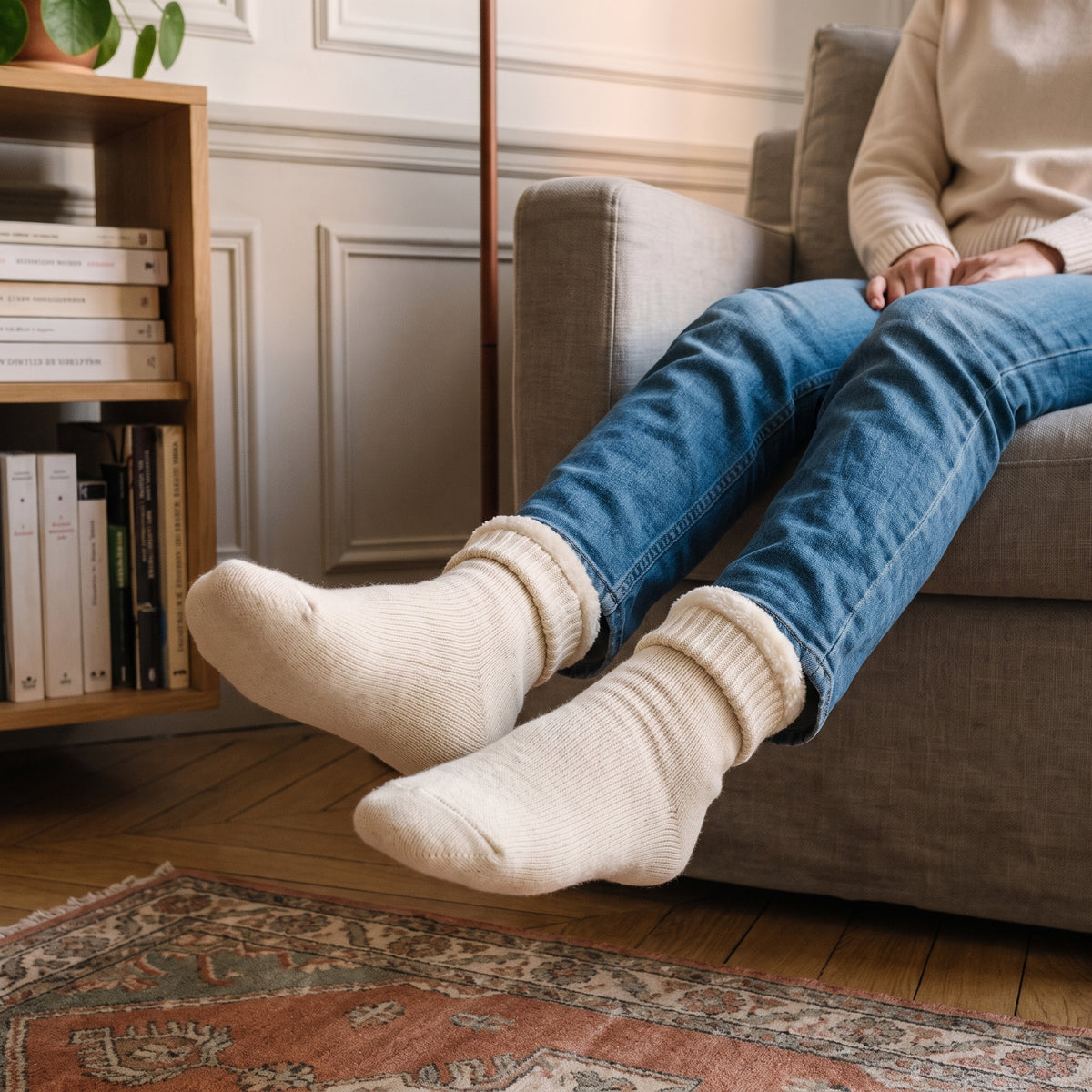 Chaussettes d’hiver pelucheuses crème portées dans un coin lecture Image