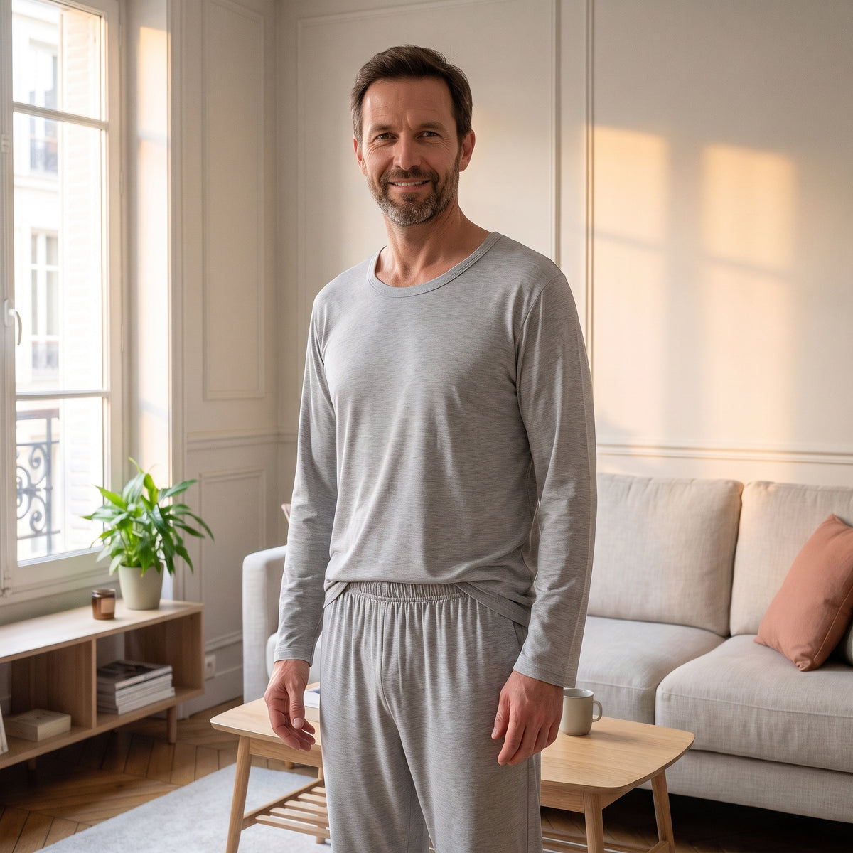 Pyjama mi-saison homme gris clair porté dans un salon