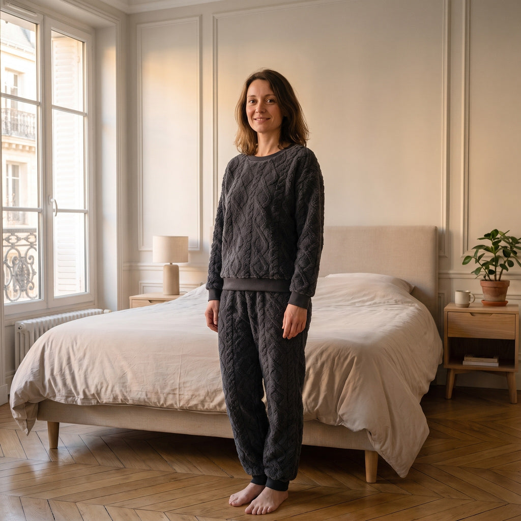 Femme portant l'ensemble pyjama gris foncé en coton effet tricot, debout dans sa chambre