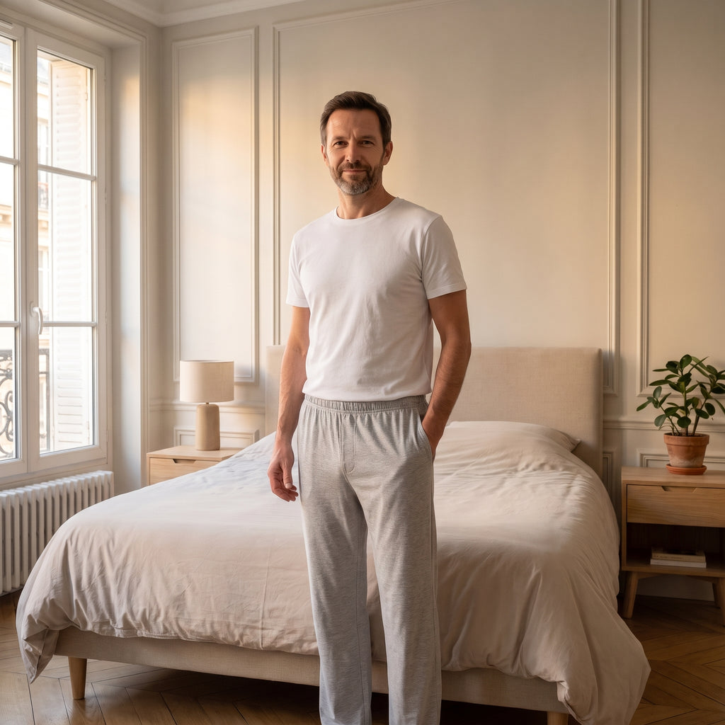 Homme portant le pantalon de pyjama gris en modal, debout dans sa chambre