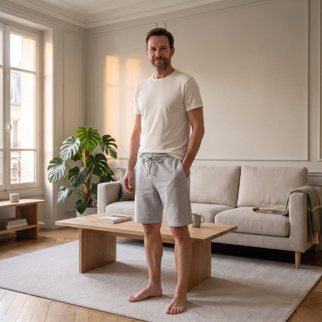Homme en short bermuda gris chiné dans un salon lumineux