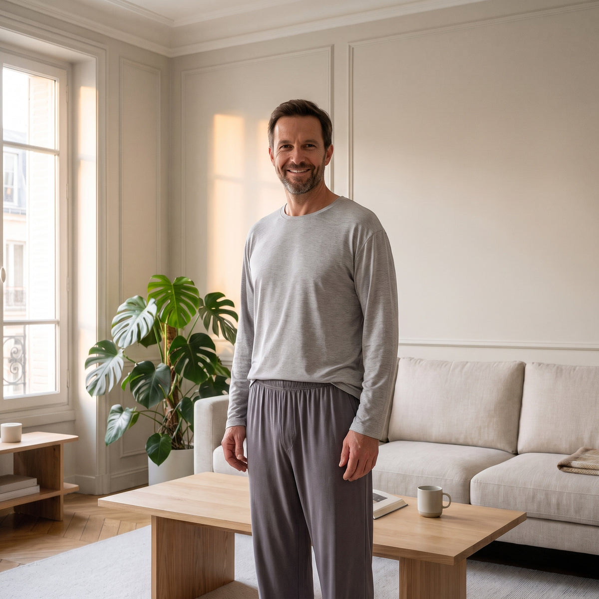 Pyjama mi-saison homme gris porté dans un salon