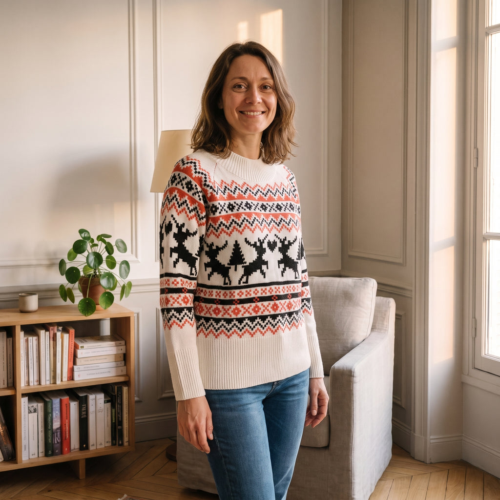 Pull de Noël femme ivoire à rennes porté debout dans un coin lecture